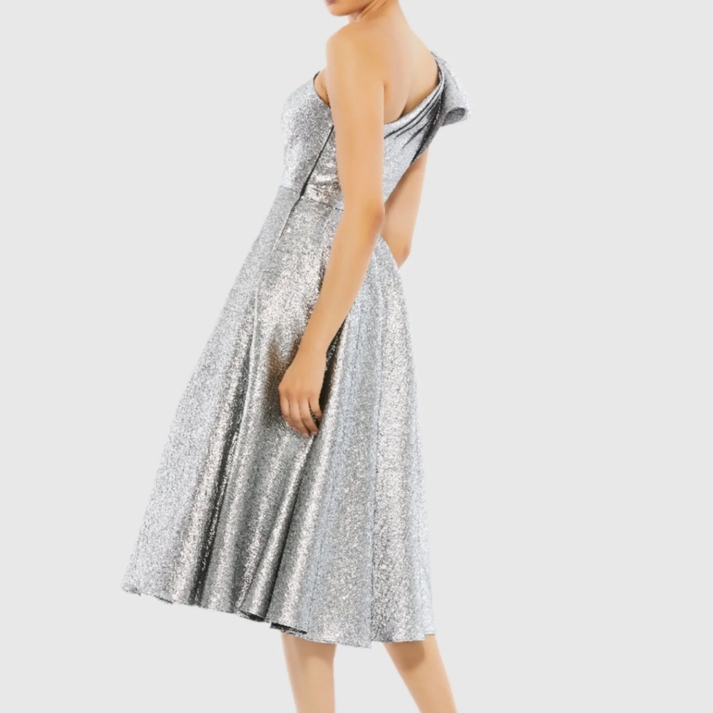 Mac Duggal Style #67906 One Shoulder Bow Midi Dress Brocade Metallic Silver - Picture 2 of 13